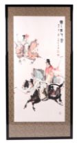 Chinese school, coloured print depicting polo players and calligraphy. 47 by 98cm. framed and glazed