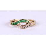 A 9ct gold, diamond and emerald ring, approx UK size 'O', 1.9g.