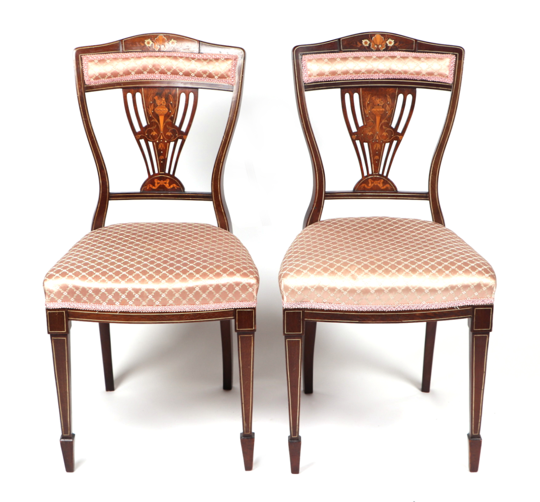 A set of four late 19th century inlaid rosewood chairs with upholstered seats and backs, makers - Image 3 of 4