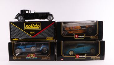 Four 1:18 scale diecast models comprising Solido Bugatti Royale, cat no. 8001; Bugatti EB110 (