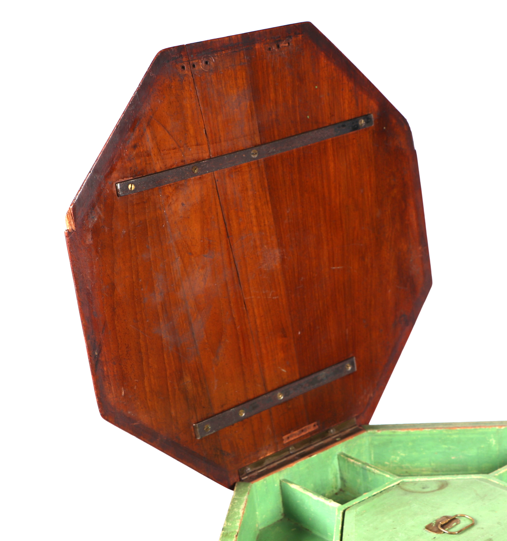 A Victorian walnut trumpet sewing work table, the octagonal top opening to reveal a fitted interior, - Image 2 of 3