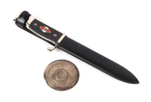 A replica Nazi Youth dagger with metal scabbard, 28cms long; together with a German Honours badge,