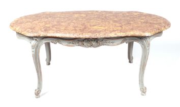 A French Louis XVI style painted carved wood occasional table with shaped rectangular marble top, on