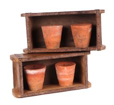 A pair of metal bound wooden brick moulds / planters, each 32cms wide (2).