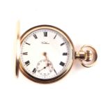 A Waltham rolled gold full hunter pocket watch, the white dial with Roman numerals and subsidiary