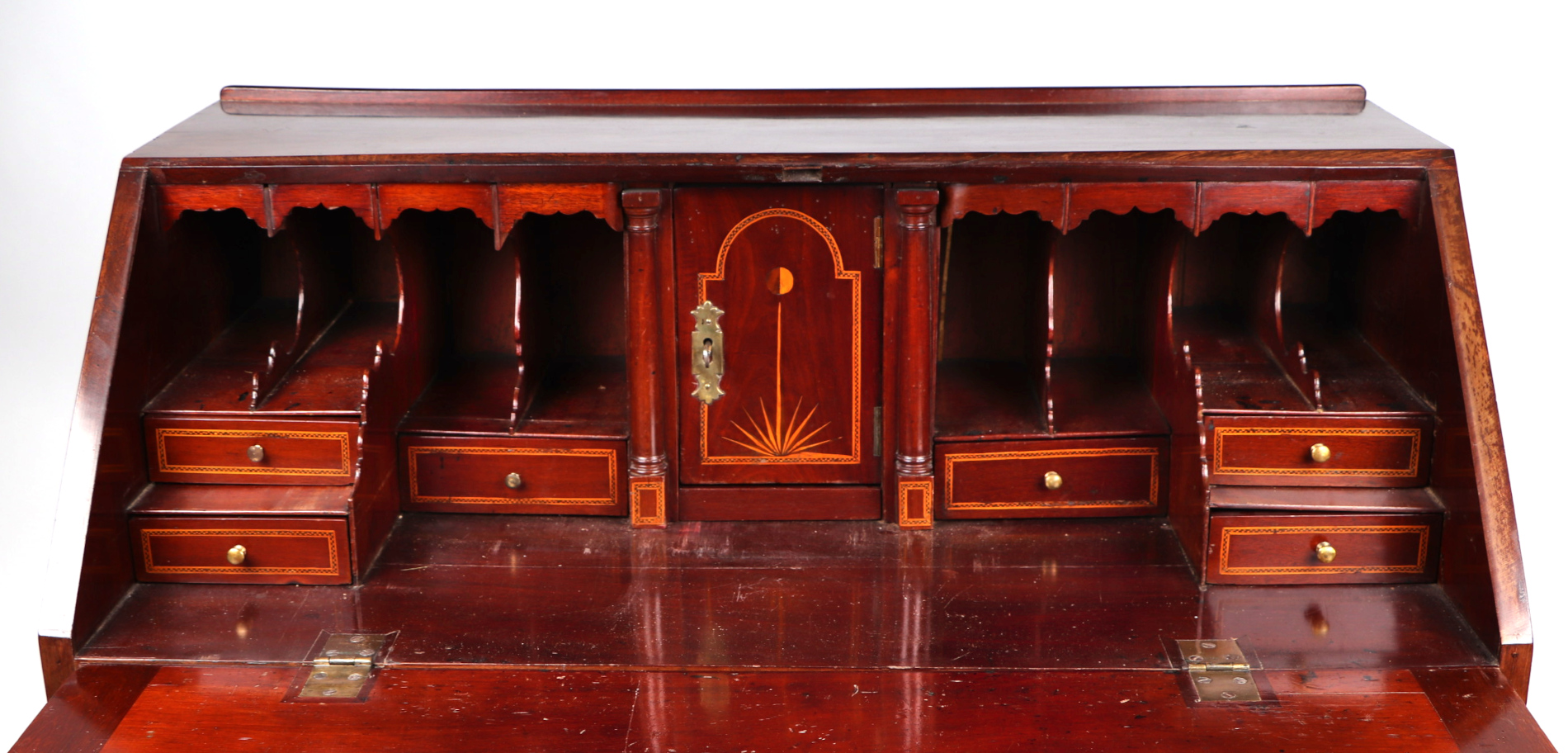 A Georgian mahogany bureau, the fall flap enclosing a fitted interior above one long, two short - Image 3 of 5