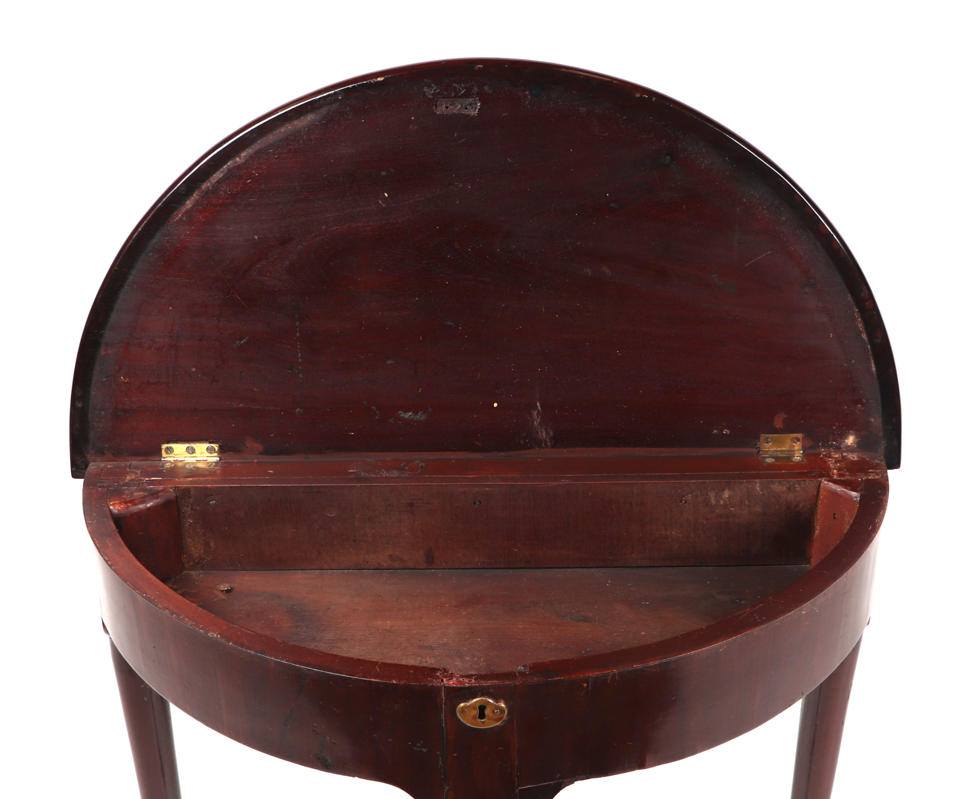 A Georgian mahogany demi lune side table with lift-up top, on turned legs and pad feet, 77cms wide. - Image 2 of 14