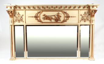 A 19th century painted and gilt triptych overmantle mirror in the Regency taste, 148cms wide.