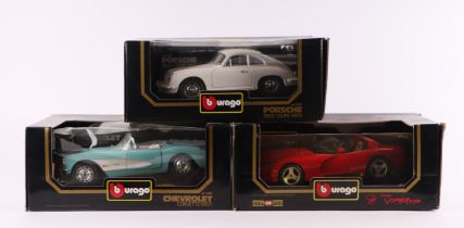 Three Bburago 1:18 scale diecast models comprising Porsche 356 Coupe (1961) cat no. 3031; Dodge