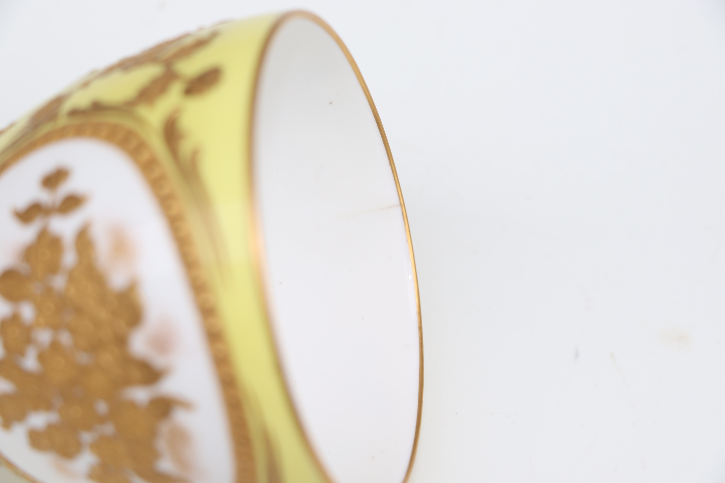 A pair of Derby cabinet cups and saucers decorated with gilded flowers, on a yellow ground; together - Image 4 of 10