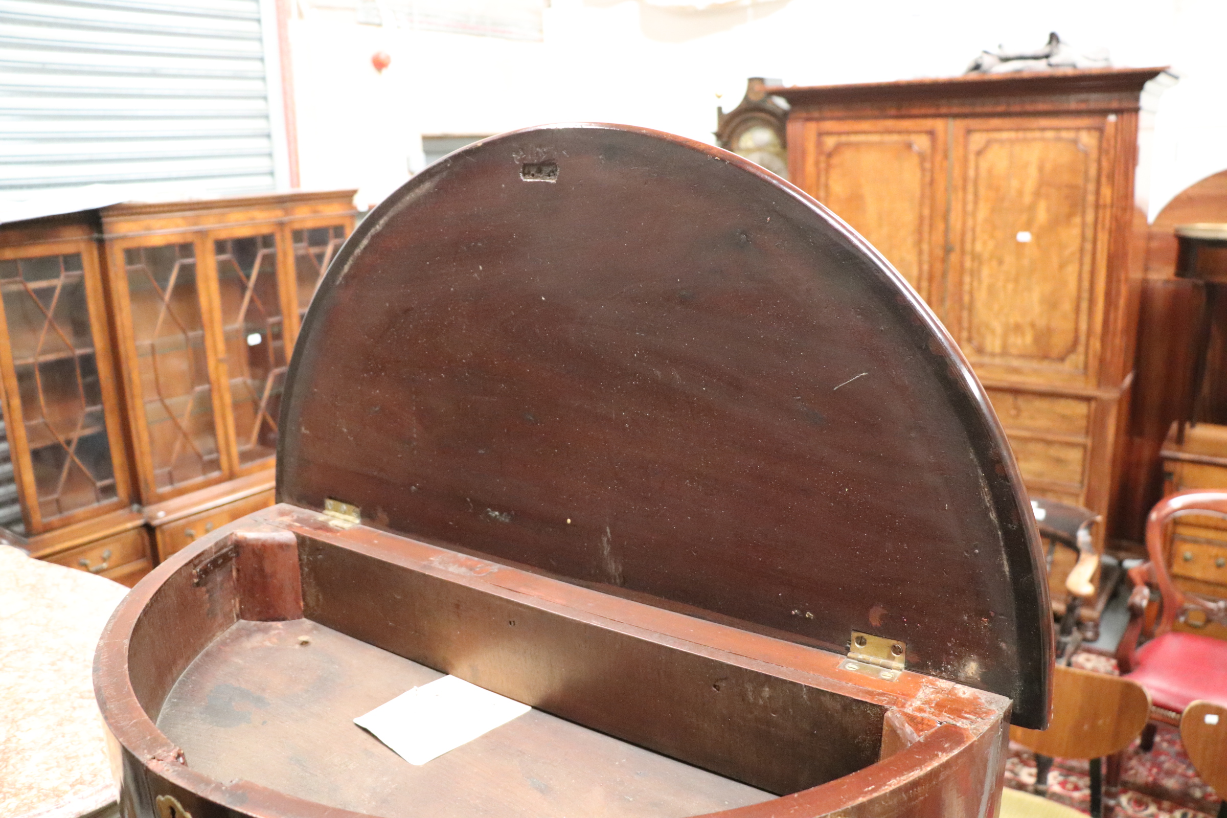 A Georgian mahogany demi lune side table with lift-up top, on turned legs and pad feet, 77cms wide. - Image 6 of 14