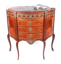 A Louis XVI style kingwood ormolu mounted demi-lune cabinet, the rouge marble top above three
