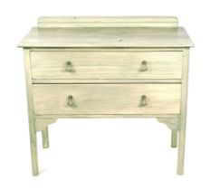 A green distressed painted dressing chest of two long drawers, on square legs, 91cms wide.