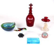 A small collection of Art glass to include a Murano freeform bowl; a Venetian style candlestick with