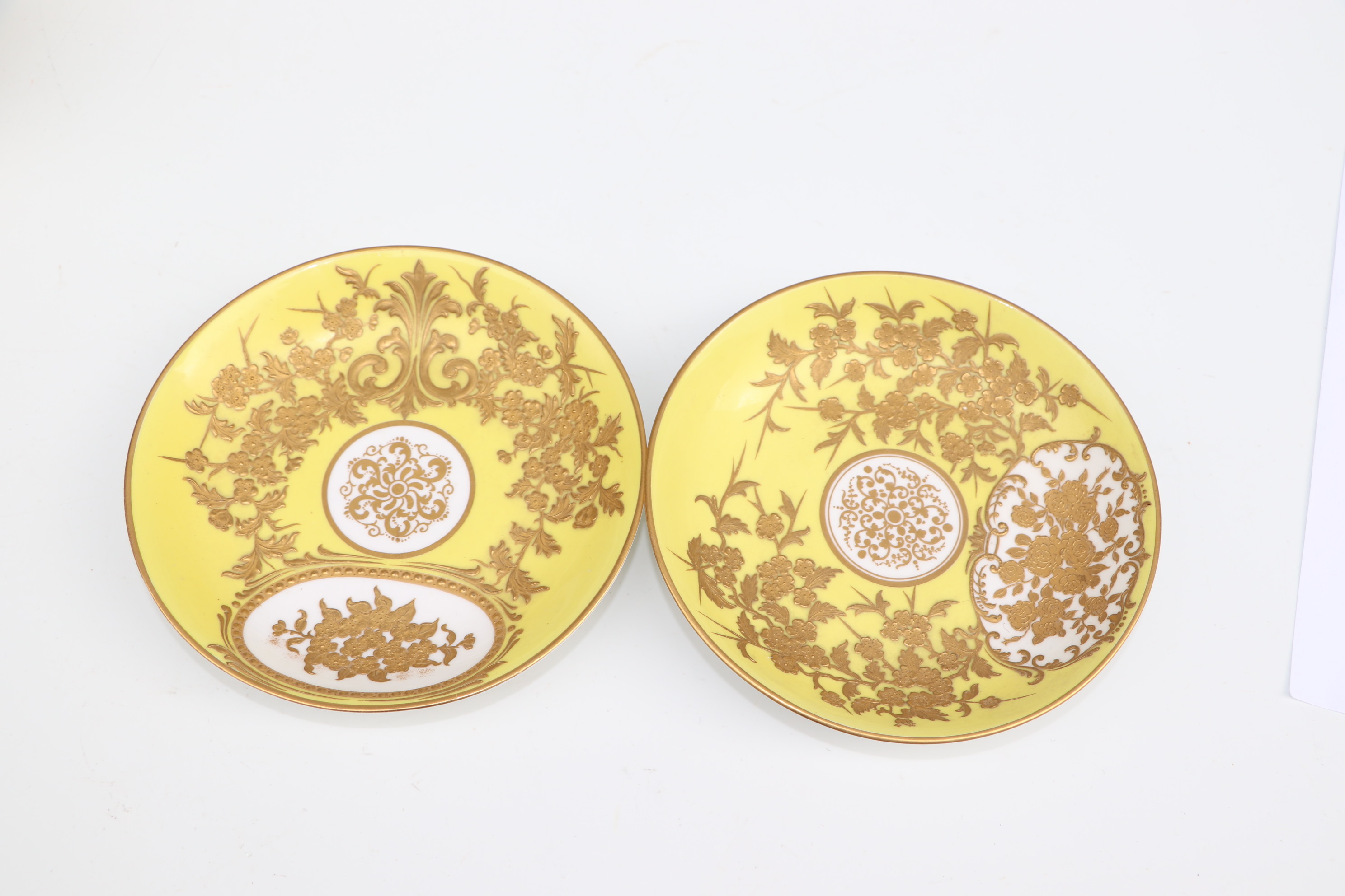 A pair of Derby cabinet cups and saucers decorated with gilded flowers, on a yellow ground; together - Image 9 of 10