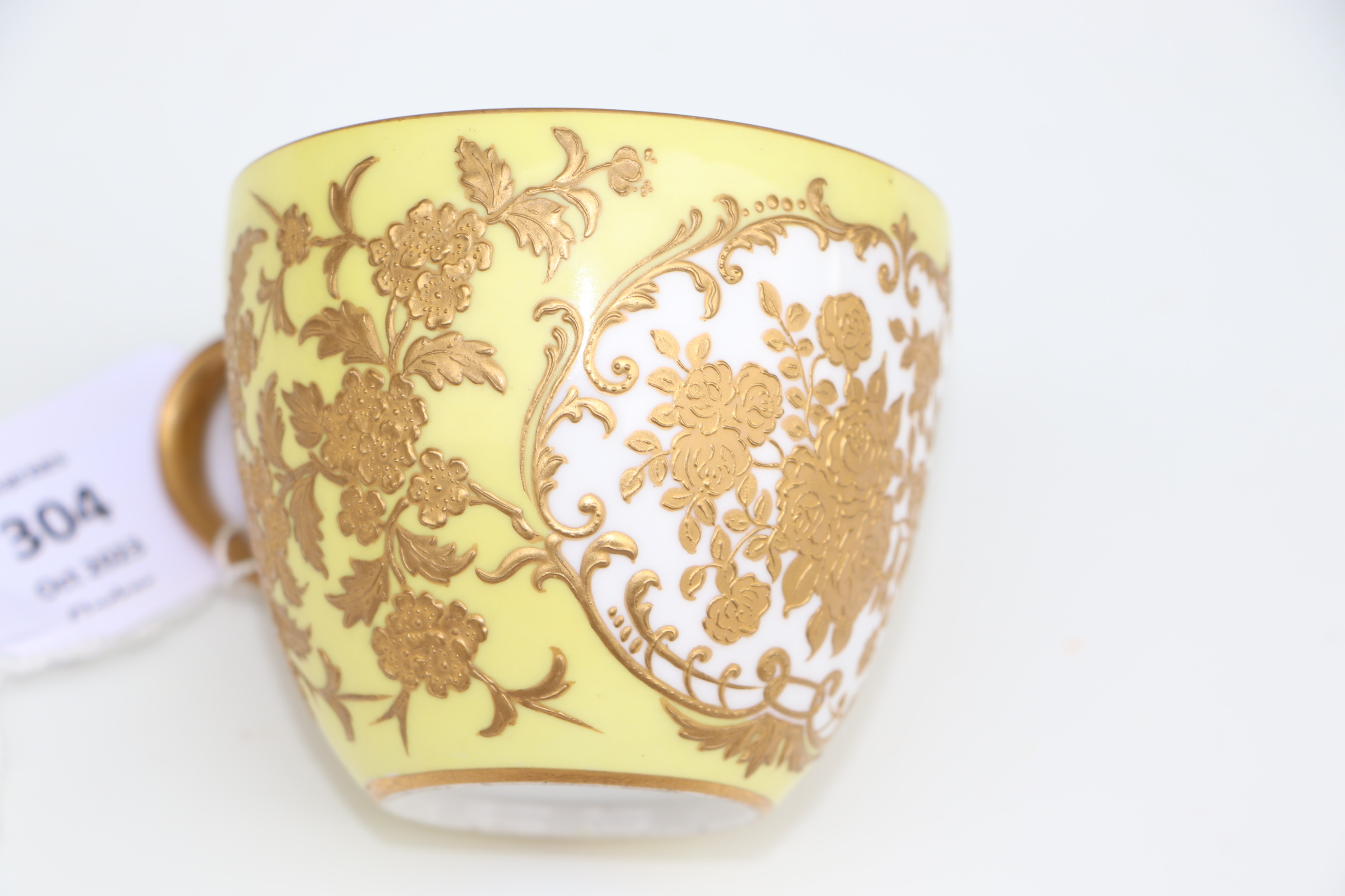 A pair of Derby cabinet cups and saucers decorated with gilded flowers, on a yellow ground; together - Image 5 of 10