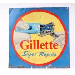 An original vintage Gillette Super Rapide pictorial tin advertising sign, 33 by 33cms.