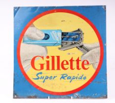 An original vintage Gillette Super Rapide pictorial tin advertising sign, 33 by 33cms.