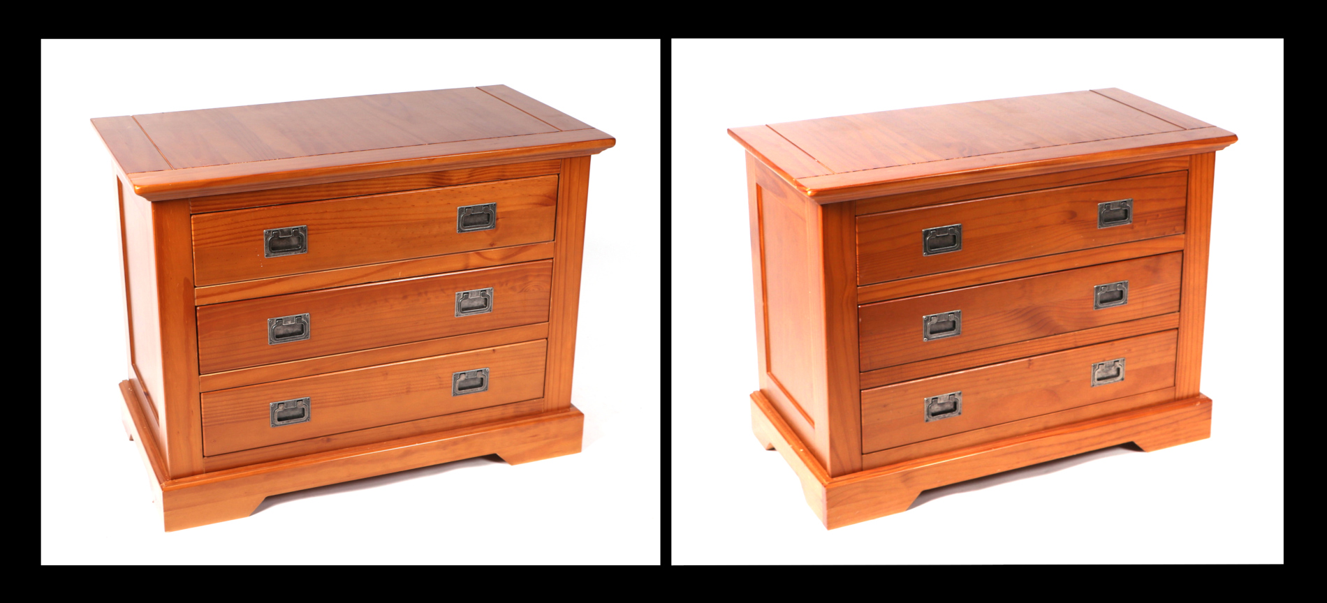 A pair of modern pine three drawer chests with steel Campaign type handles, on plinth bases, 85cms