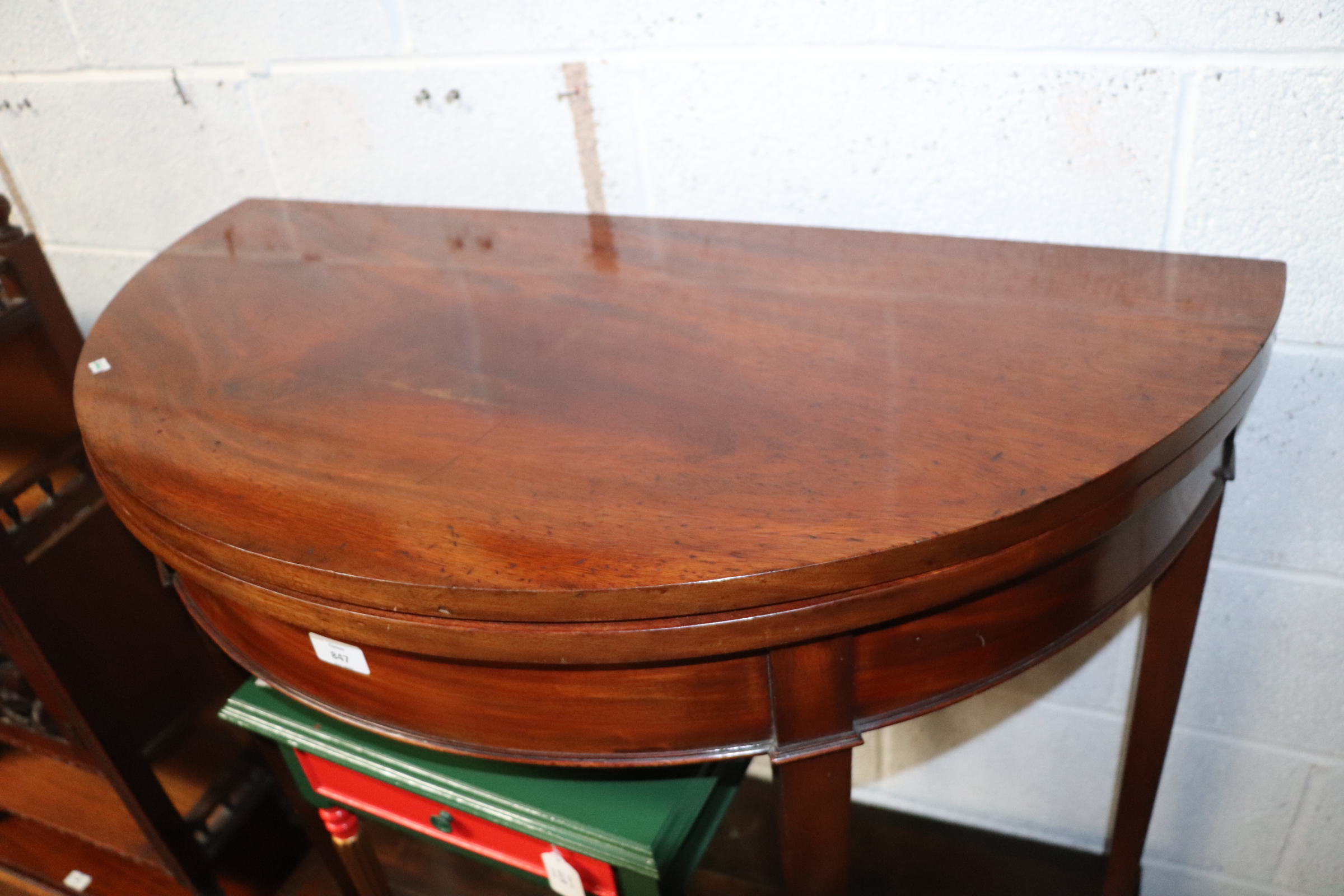A mahogany demi lune tea table on square tapering legs terminating in spade feet, 94cms wide. - Image 6 of 6