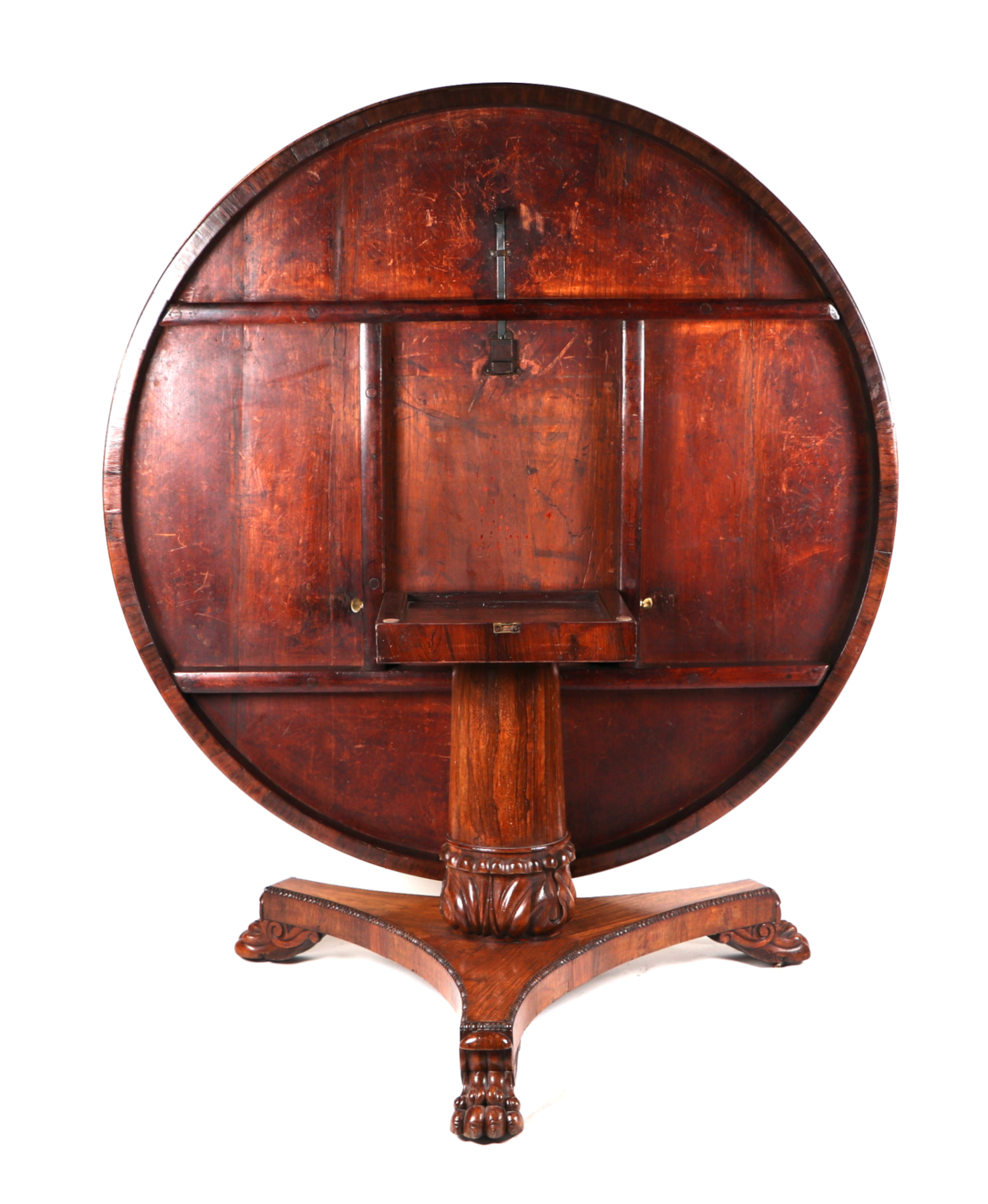 A 19th century rosewood centre table with circular tilt-top on a carved central column with - Image 5 of 6