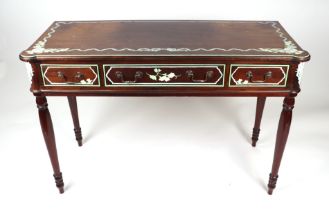 A Victorian mahogany side table with an arrangement of three frieze drawers with painted floral