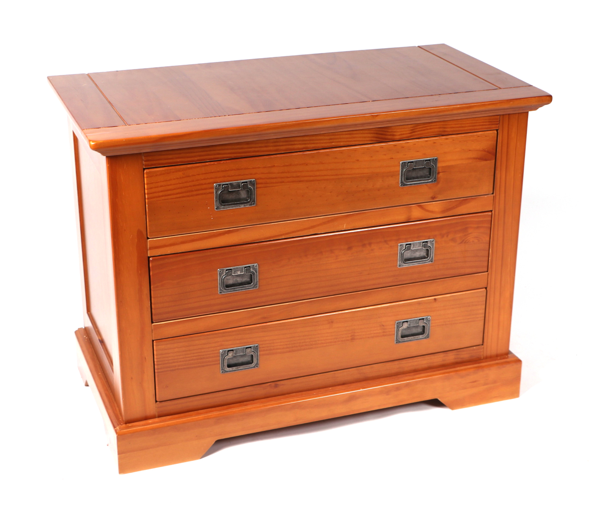 A pair of modern pine three drawer chests with steel Campaign type handles, on plinth bases, 85cms - Image 2 of 3