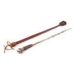 A leather riding crop short swordstick with carved horn handle in the form of a shod hoof. 51cm