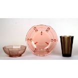 A Stölzle Czech Art Deco pink glass bowl, pattern no. 19416, 27cms wide; together with another