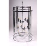 A large twelve-branch chrome and glass pendant ceiling lantern of cylindrical form, 92cms overall