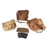 A WWII German leather ammunition pouch and other British WWII pouches, haversacks and caps.