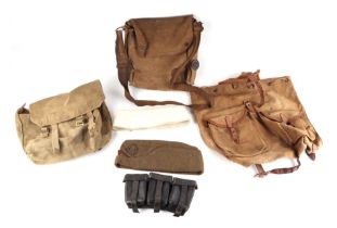 A WWII German leather ammunition pouch and other British WWII pouches, haversacks and caps.