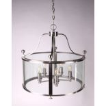 A brushed steel and glass circular five-branch ceiling lantern, 53cms diameter, 54cms high.