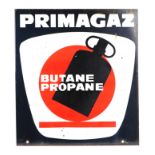 A Primagaz Butane Propane flanged double sided enamel advertising sign, 45 by 50cms.