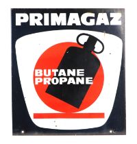 A Primagaz Butane Propane flanged double sided enamel advertising sign, 45 by 50cms.