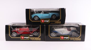 Three Bburago 1:18 scale diecast models comprising Lancia Aurelia B24 Spider (1955) cat no. 3010;