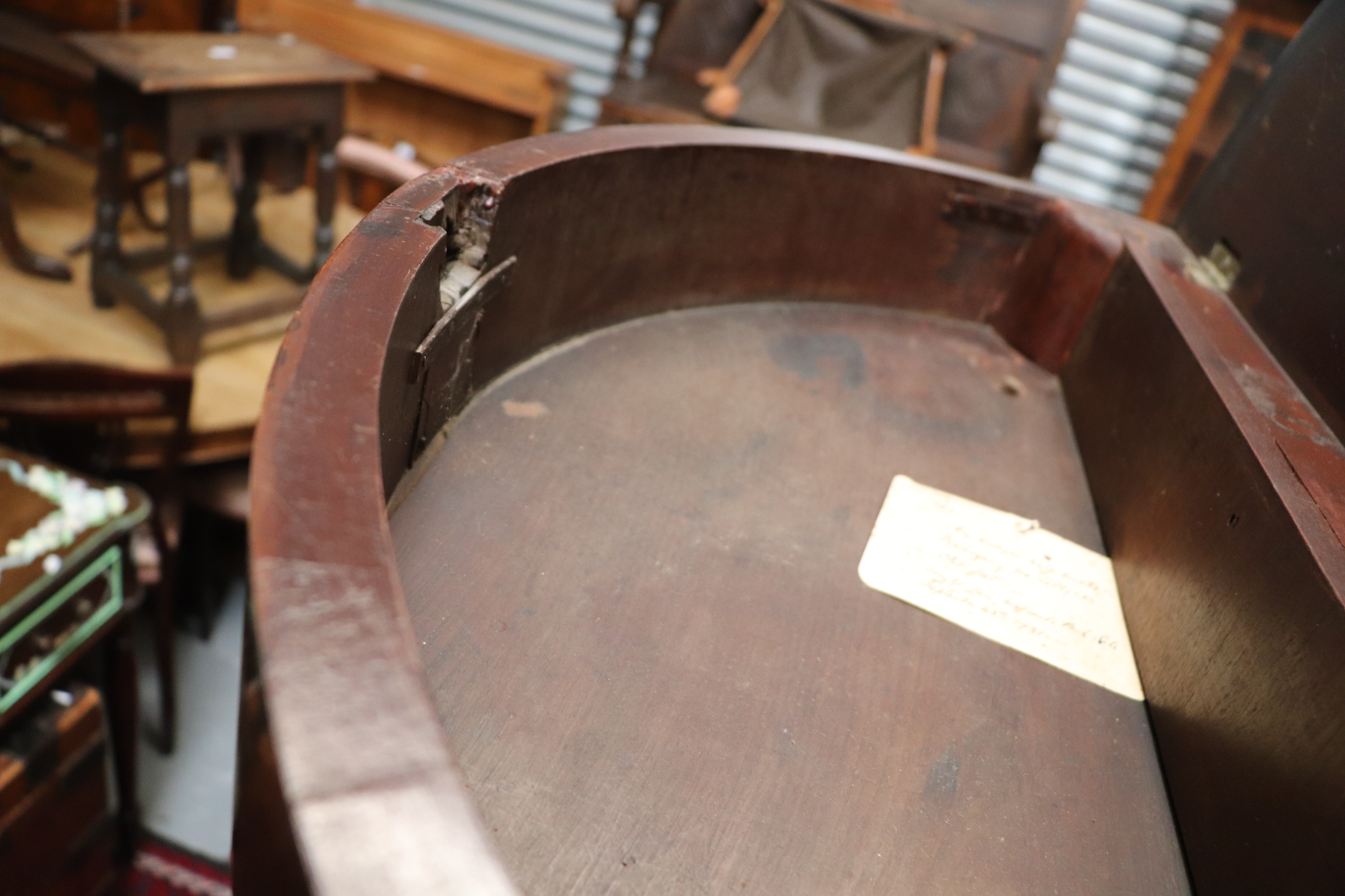 A Georgian mahogany demi lune side table with lift-up top, on turned legs and pad feet, 77cms wide. - Image 7 of 14