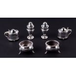 A silver six-piece matched cruet set comprising two cauldron salts, two mustard pots and two
