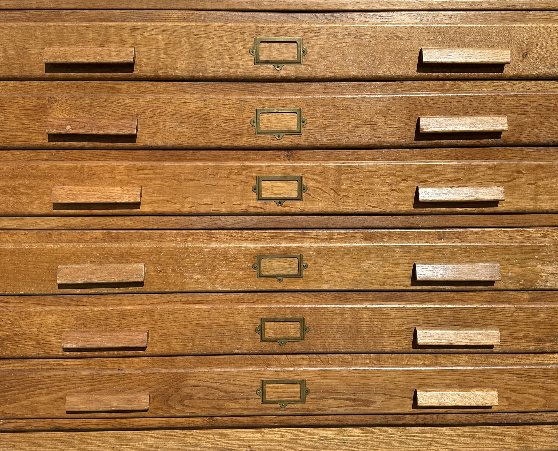 A mid century oak architect's plan chest with two sections of three long drawers, 115cms wide, 82cms - Image 2 of 10