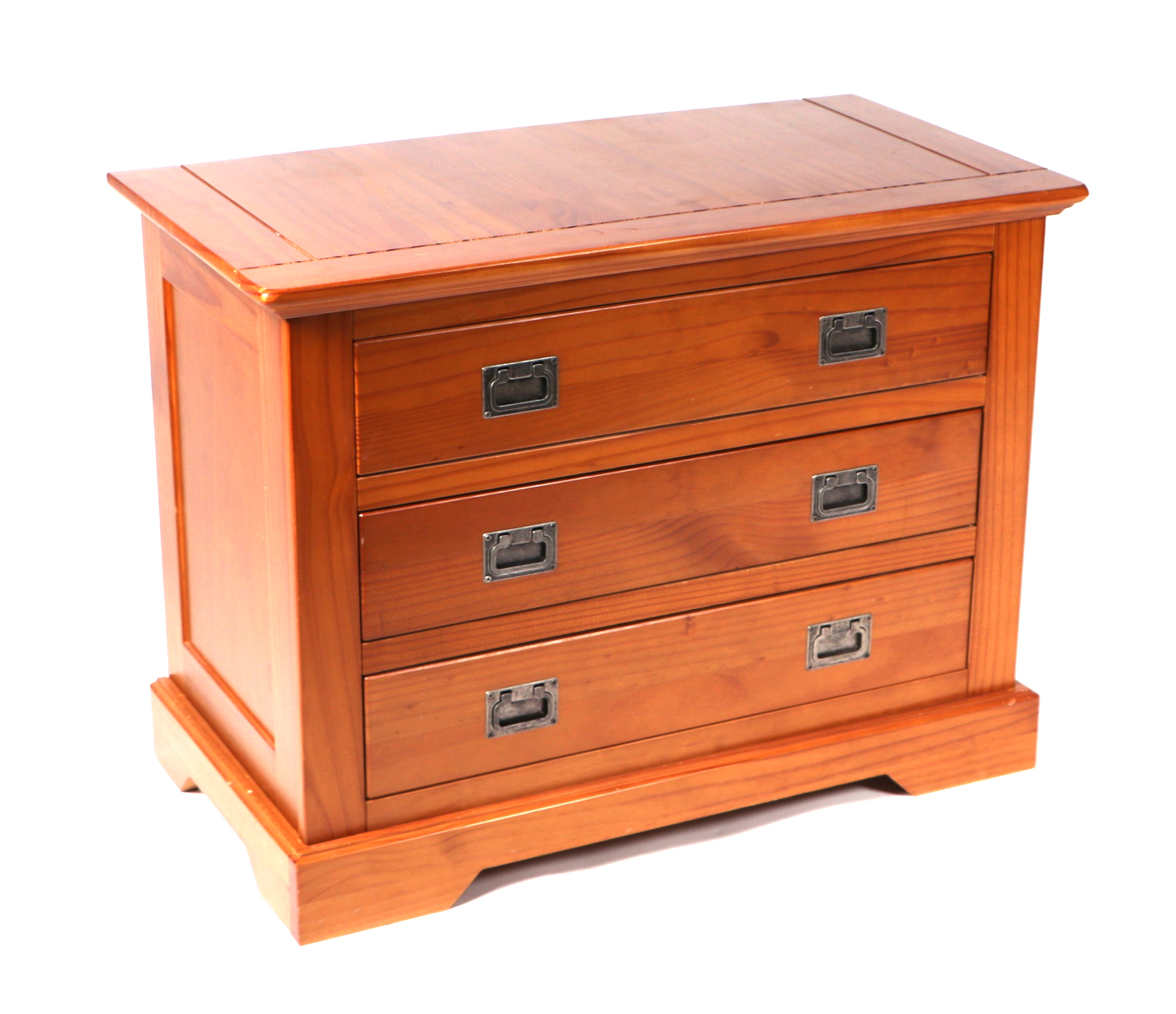A pair of modern pine three drawer chests with steel Campaign type handles, on plinth bases, 85cms - Image 3 of 3