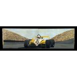 A very large two panel oil painting or backdrop depicting a Renault ELF F1 RS11 Grand Prix racing