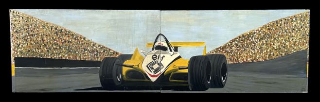 A very large two panel oil painting or backdrop depicting a Renault ELF F1 RS11 Grand Prix racing