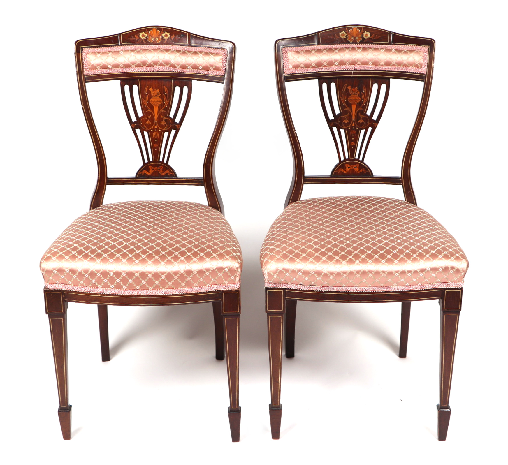 A set of four late 19th century inlaid rosewood chairs with upholstered seats and backs, makers - Image 2 of 4