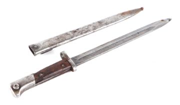 A WW2 Czechoslovakian VZ98/22 Mauser bayonet in its steel scabbard. Marked to the ricasso CSZ J.