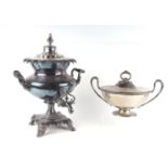 A silver plated samovar, 48cms high; together with an Adam style two-handled tureen, 22cms high (
