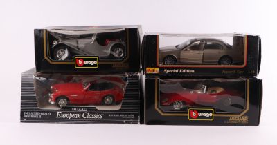 Four 1:18 scale diecast models comprising Bburago Jaguar 'E' Type (1961) cat no. 3016; Jaguar