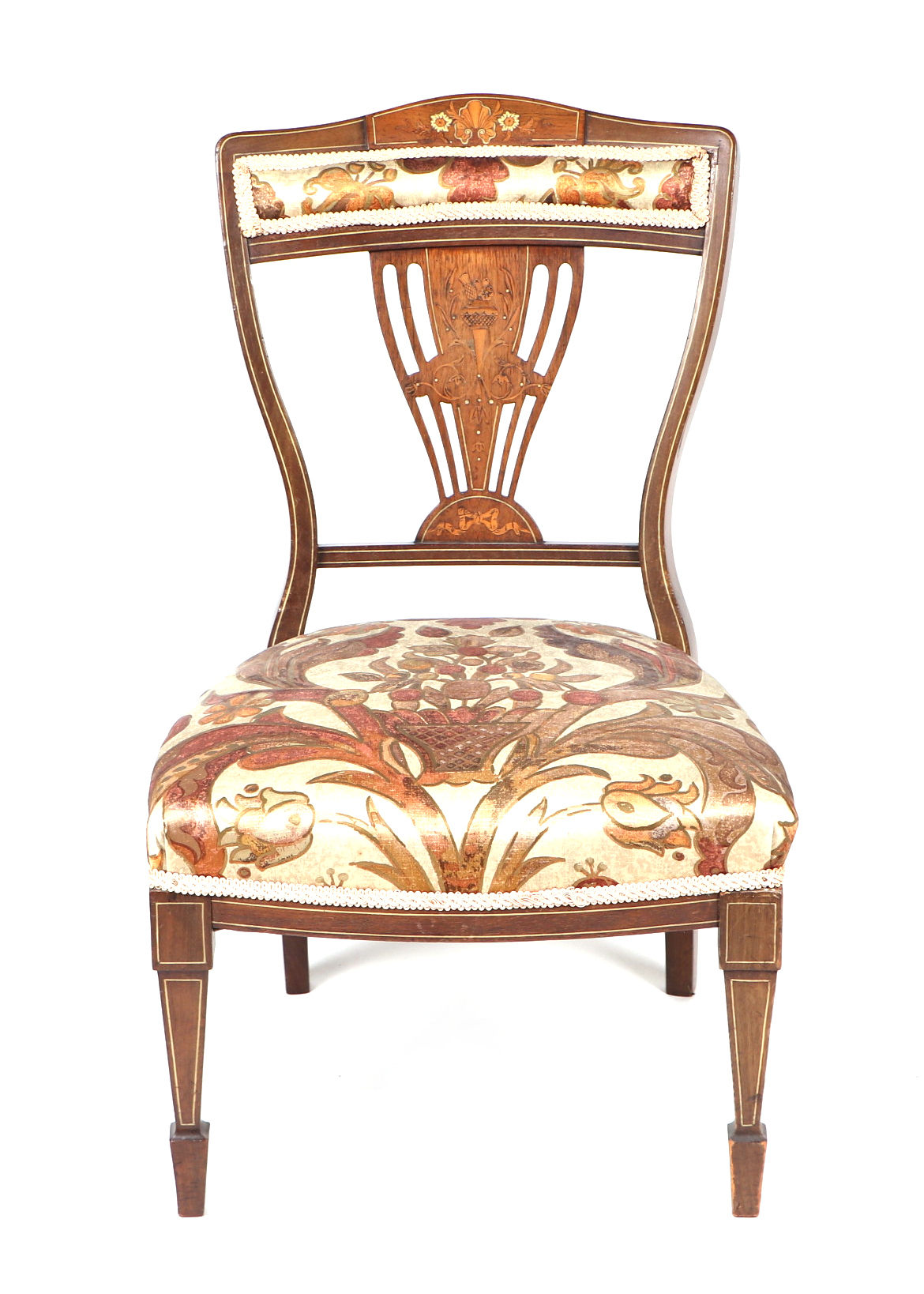 A set of four late 19th century inlaid rosewood chairs with upholstered seats and backs, makers - Image 4 of 4