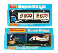 A Matchbox Superking K-92 Helicopter Transporter and Helicopter, and K-17 Container Truck, both