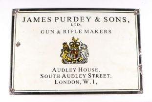 Shooting interest: A contemporary enamel sign 'James Purdy & Sons Ltd Gun & Rifle Makers, Audley