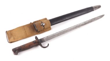 A Loyal Regiment (North Lancashire) 1907 pattern bayonet with hooked quillion, leather scabbard